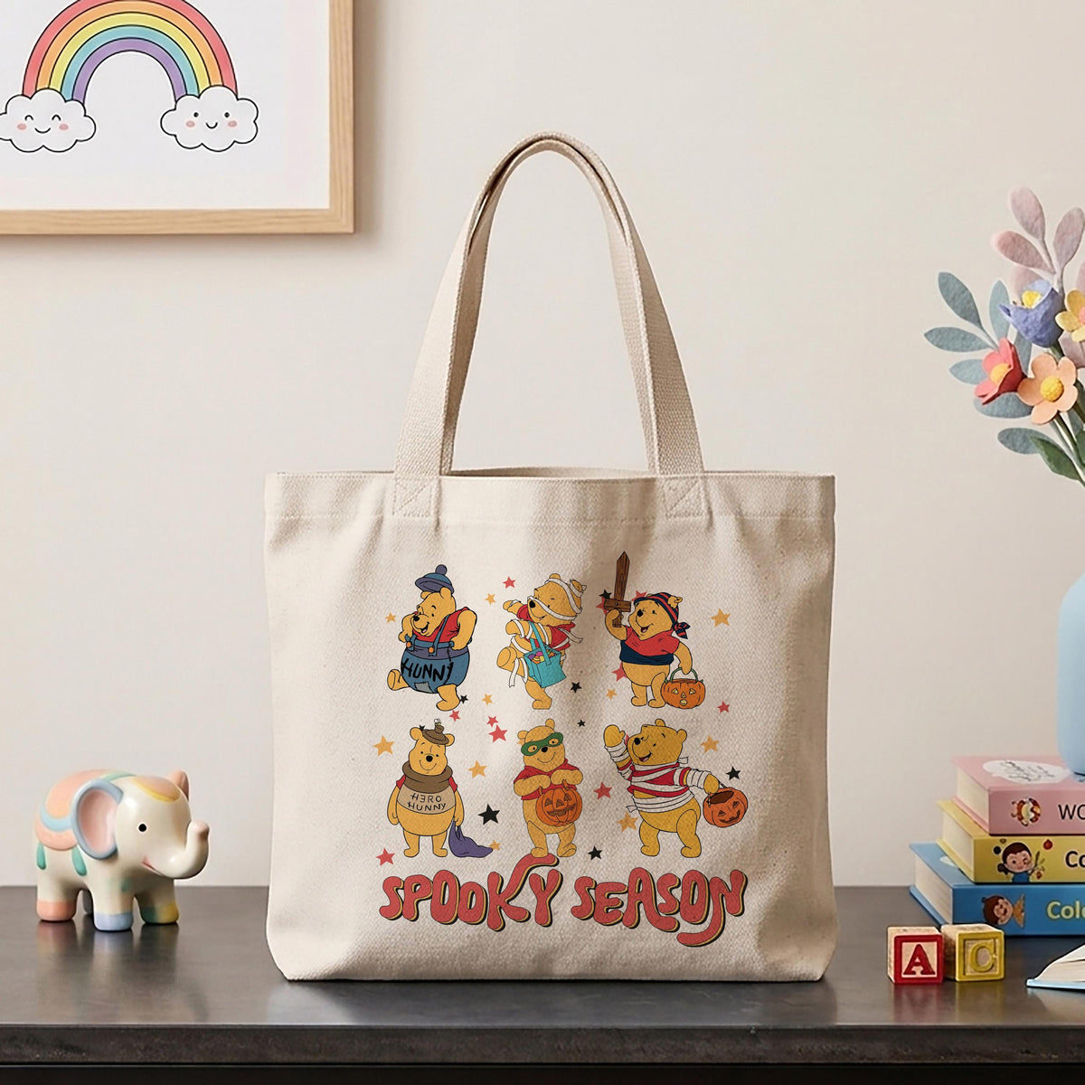 Cute Honey Bear Cartoon Spooky Season Canvas Bag, Kids Trick Or Treat Trip Tote Bag