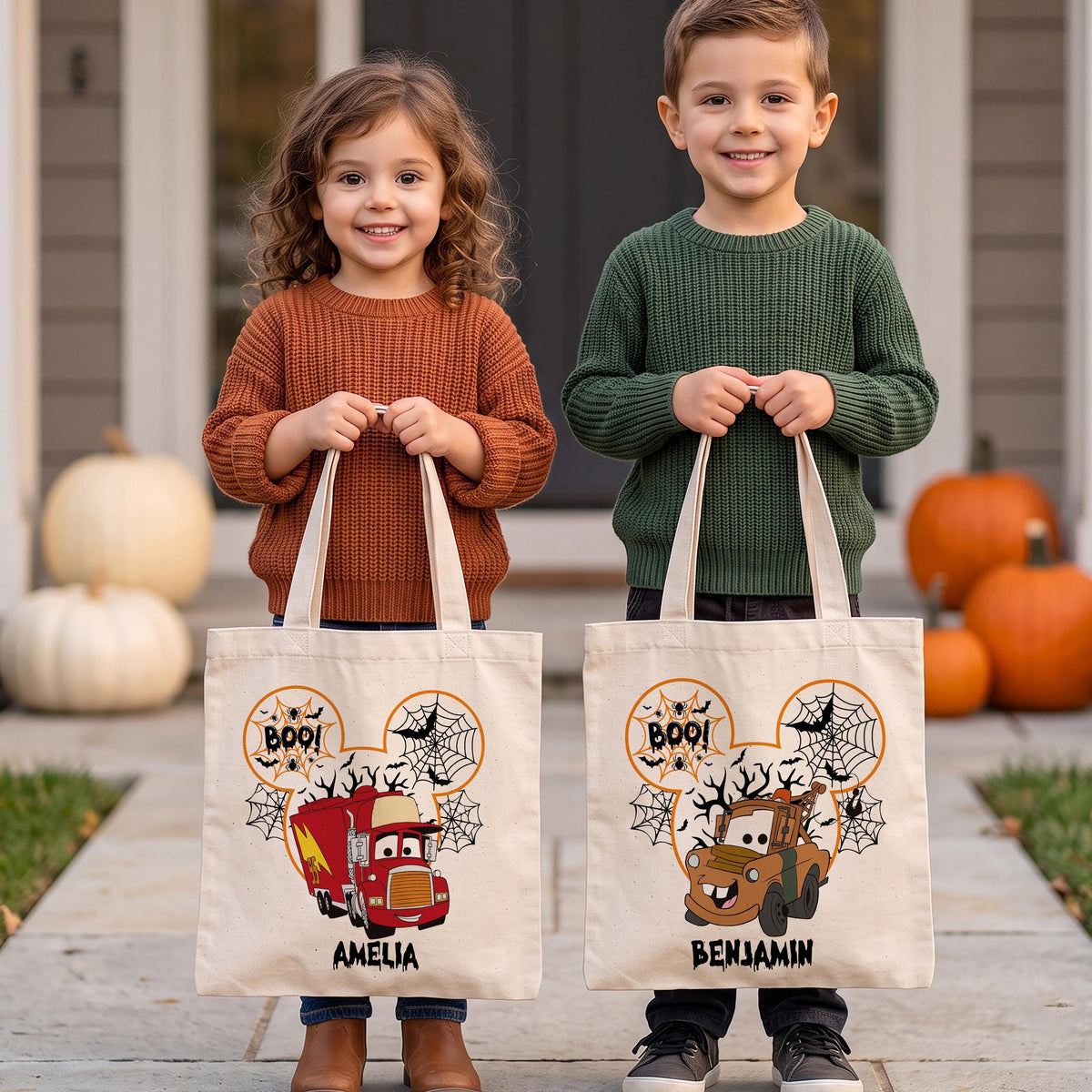 Custom Name Spooky Car Cartoon Design Candy Bag, Personalized BOO! Race Car Theme Halloween Bag
