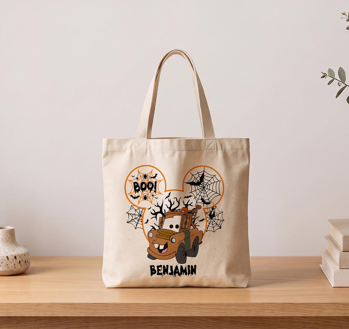 Custom Name Spooky Car Cartoon Design Candy Bag, Personalized BOO! Race Car Theme Halloween Bag