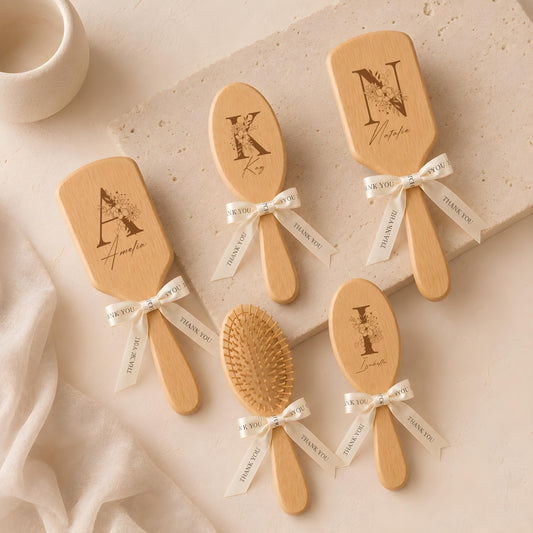 Personalized Bamboo Hair Brush, Floral Initial Engraving with Satin Ribbon