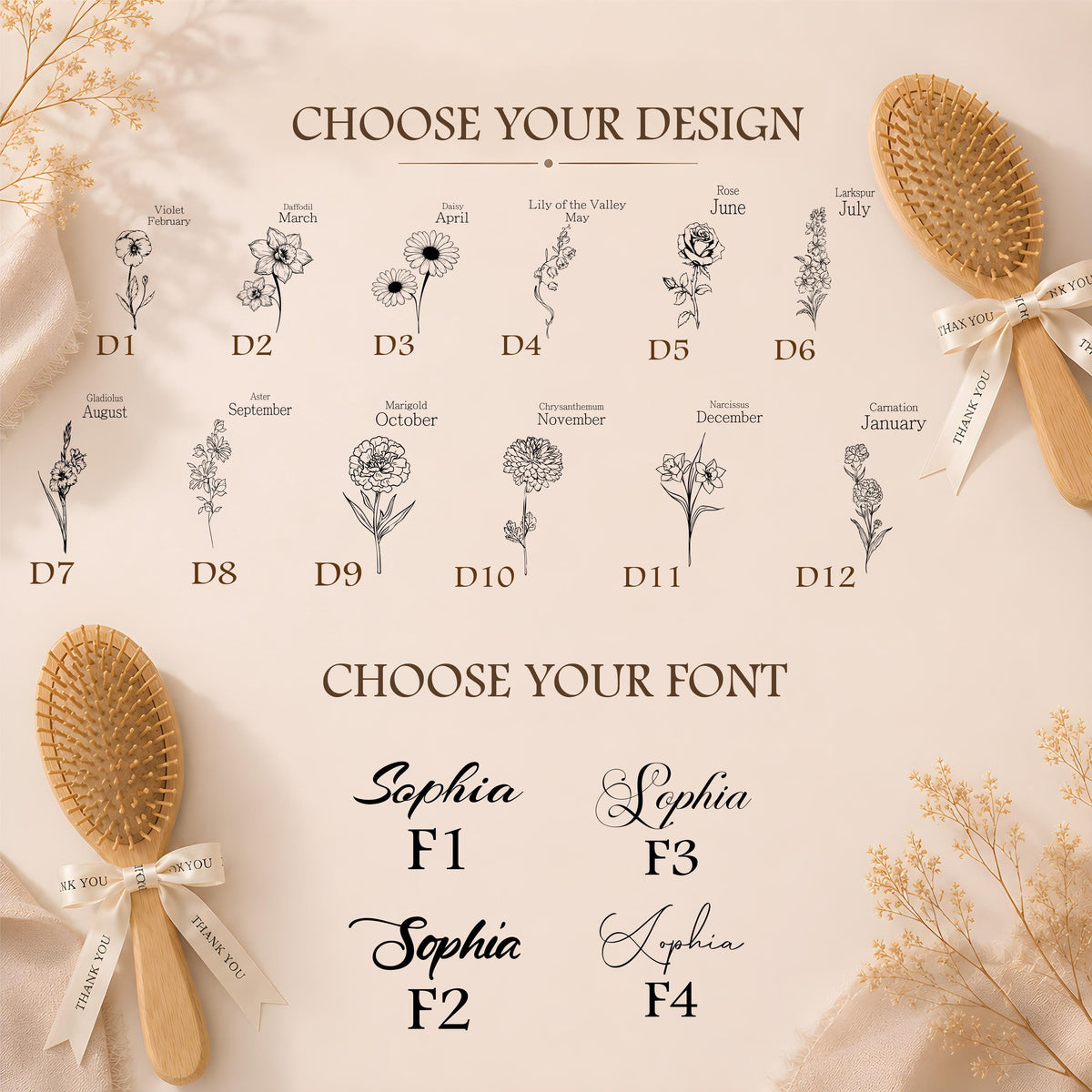 Personalized Bamboo Hair Brush, Floral Name Engraving with Satin Ribbon
