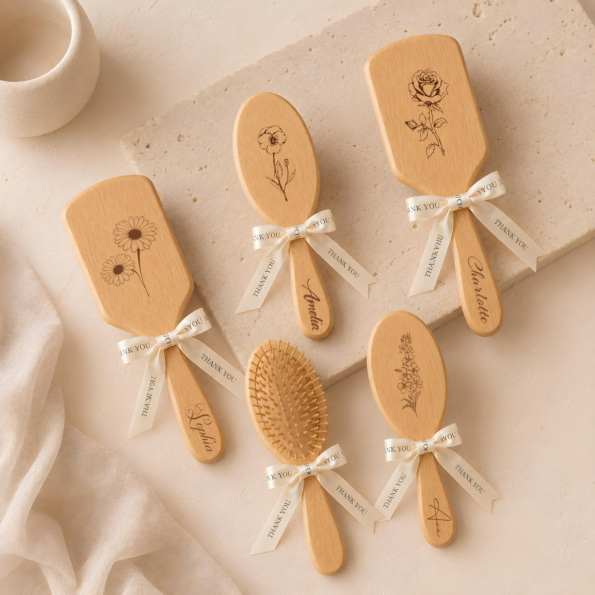 Personalized Bamboo Hair Brush, Floral Name Engraving with Satin Ribbon