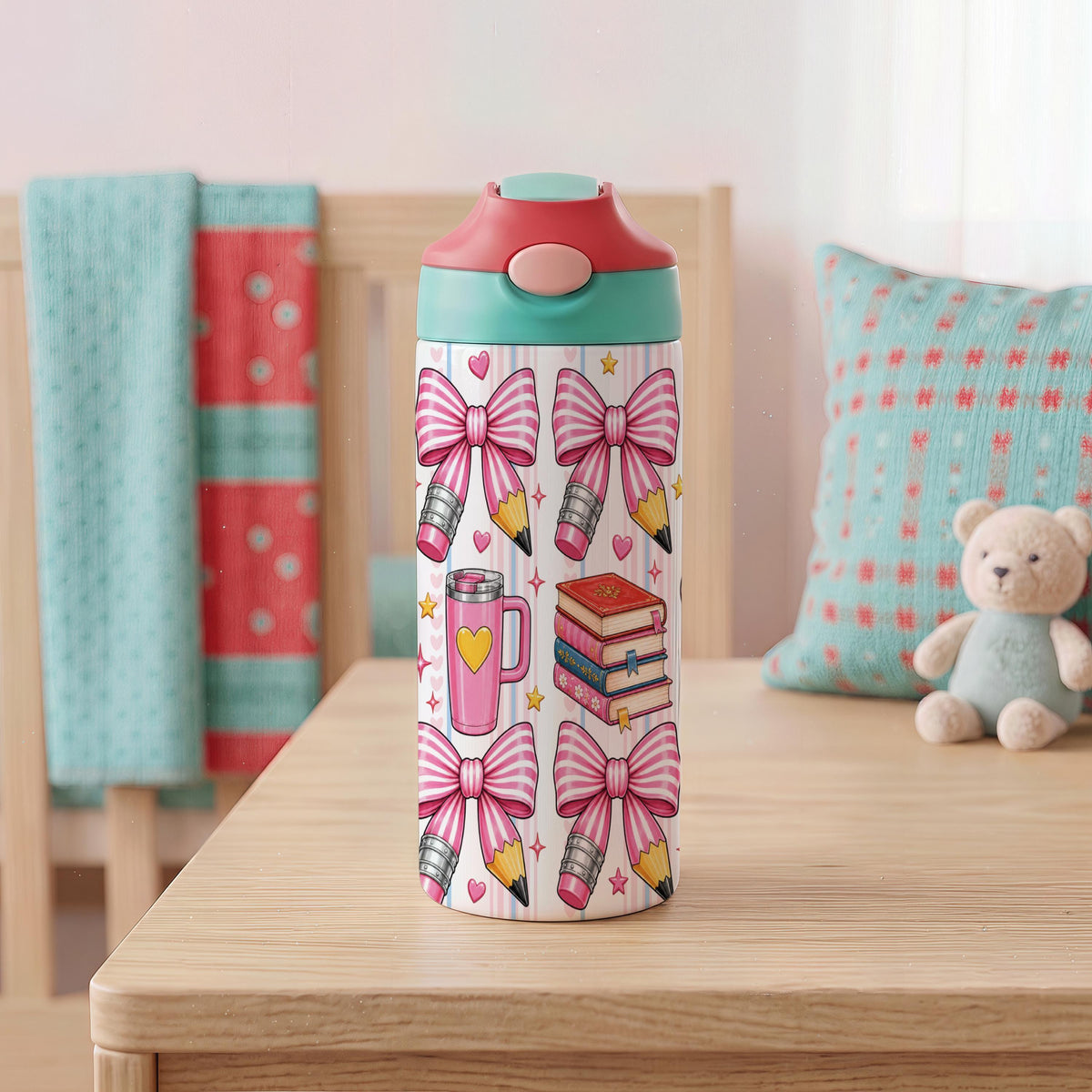 Personalized Stainless Steel Kids Tumbler, Pink Pencil Bow Design, School Water Bottle