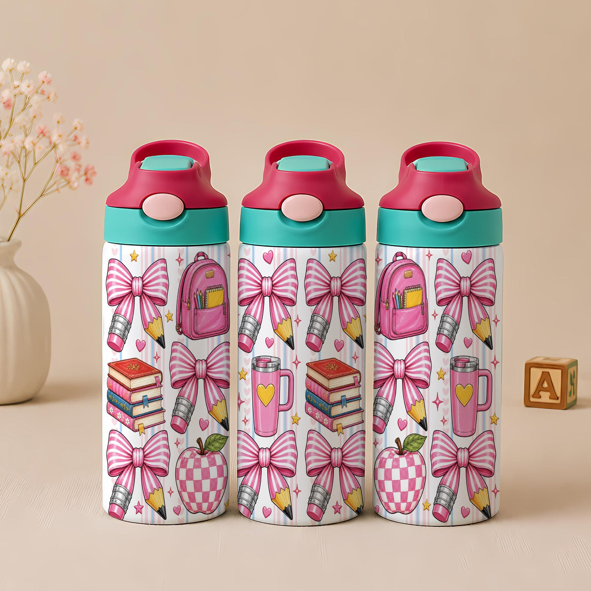 Personalized Stainless Steel Kids Tumbler, Pink Pencil Bow Design, School Water Bottle