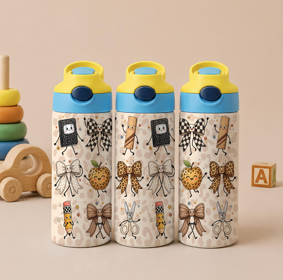 Personalized Kids Stainless Steel Tumbler, Back to School Leopard Bow Design