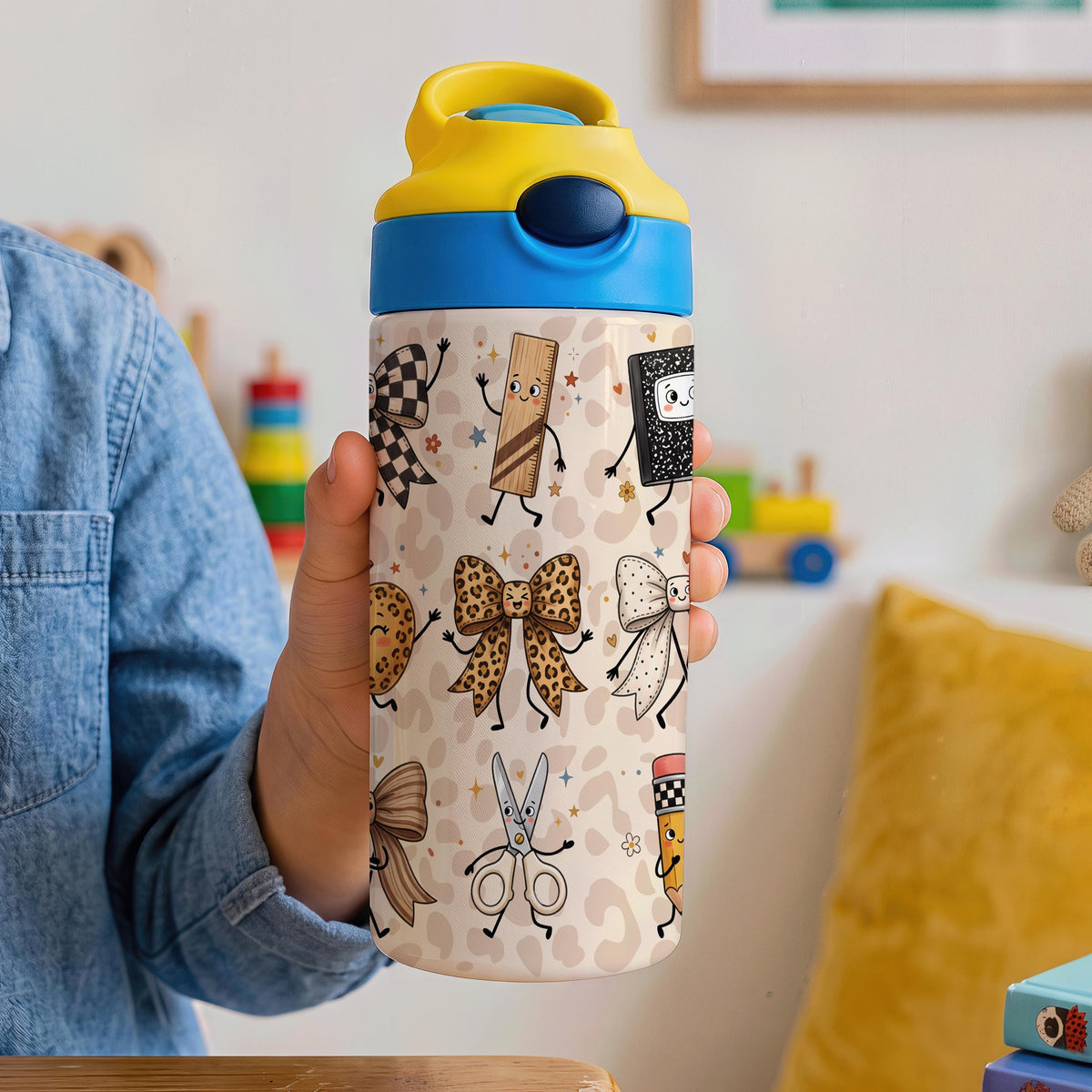 Personalized Kids Stainless Steel Tumbler, Back to School Leopard Bow Design