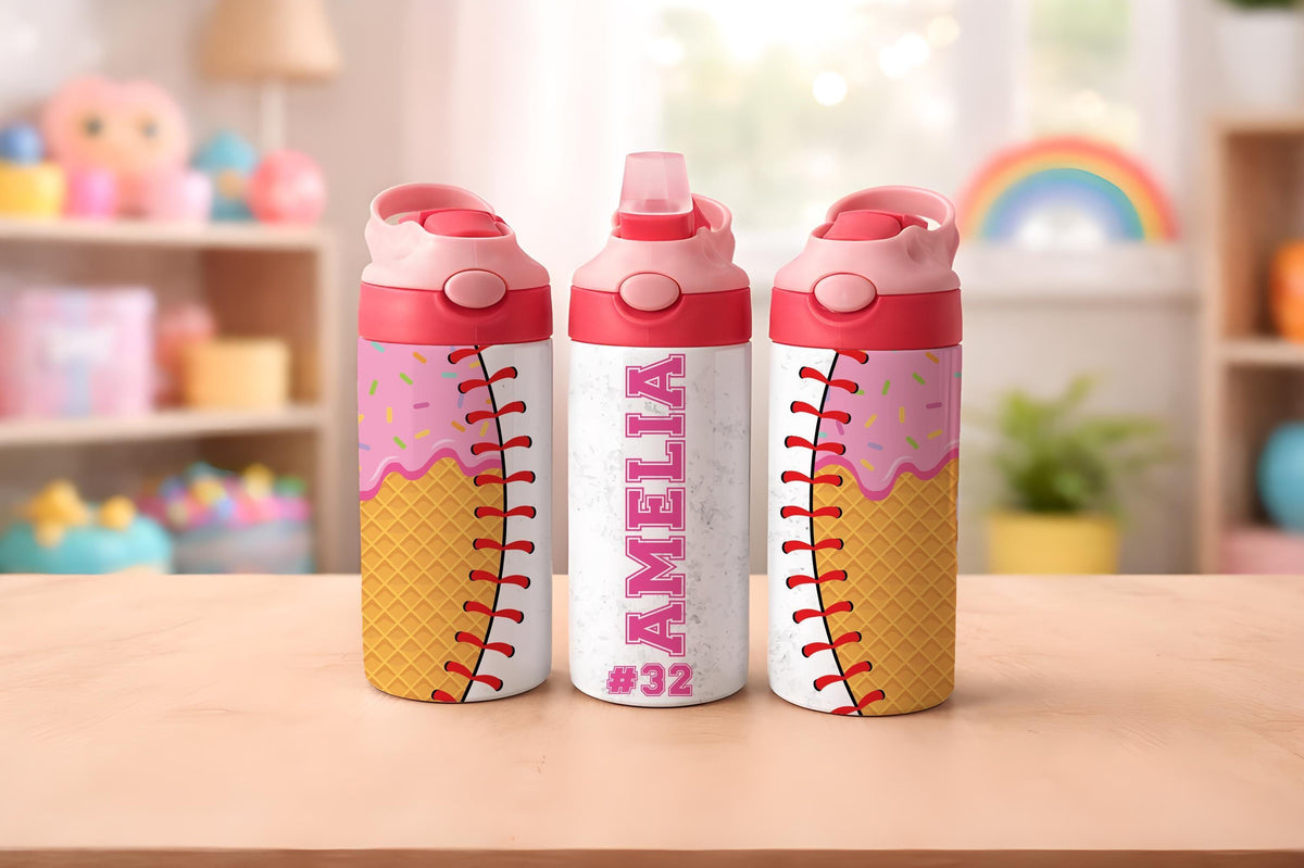 Personalized Kids Stainless Steel Tumbler, Ice Cream Softball Design Water Bottle