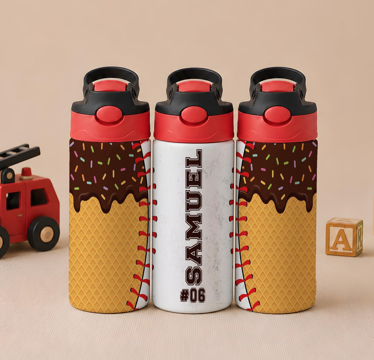 Personalized Kids Stainless Steel Tumbler, Ice Cream Softball Design Water Bottle