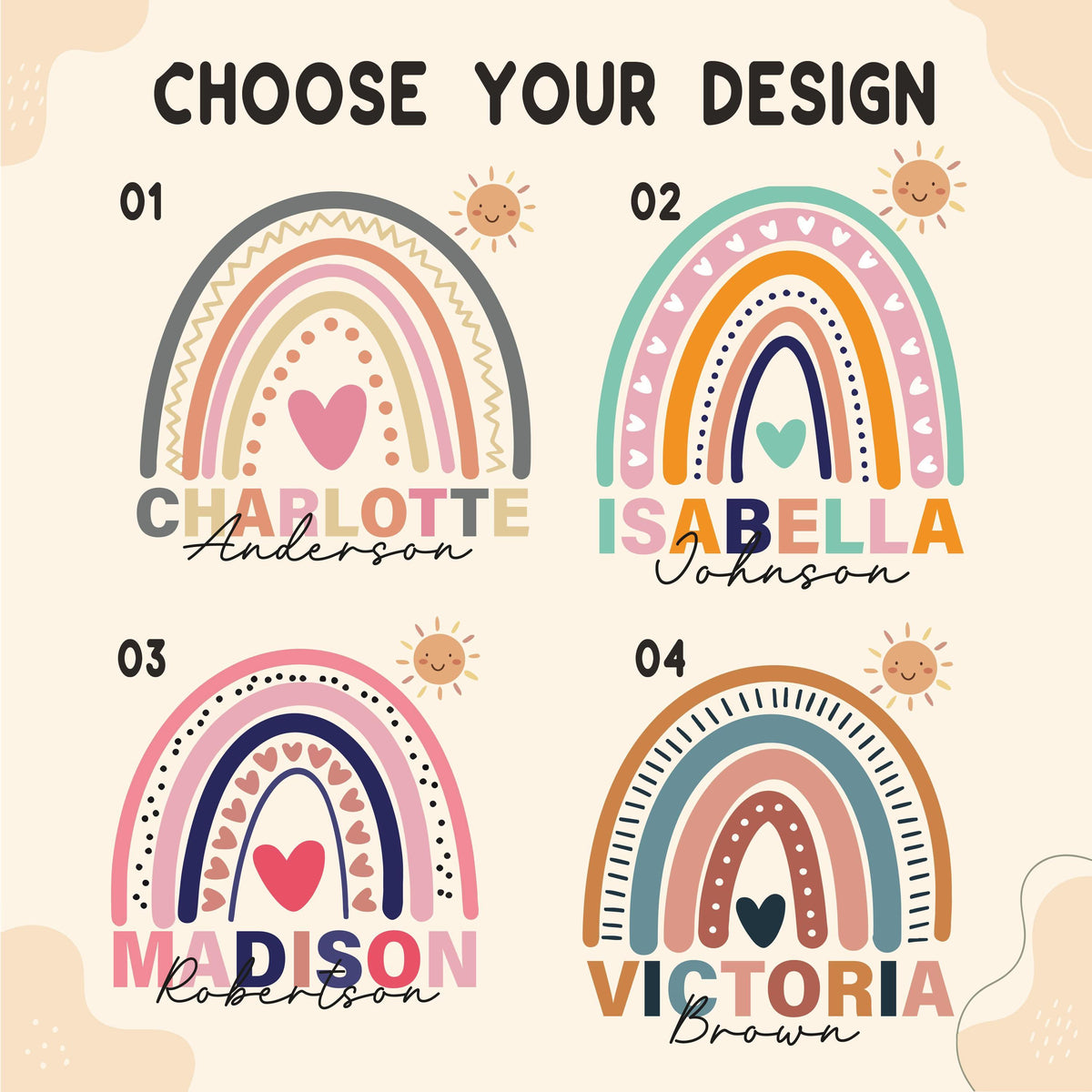 Personalized Kids Boho Rainbow Canvas Tote Bag, Custom Name Cute Sun Heart Bag