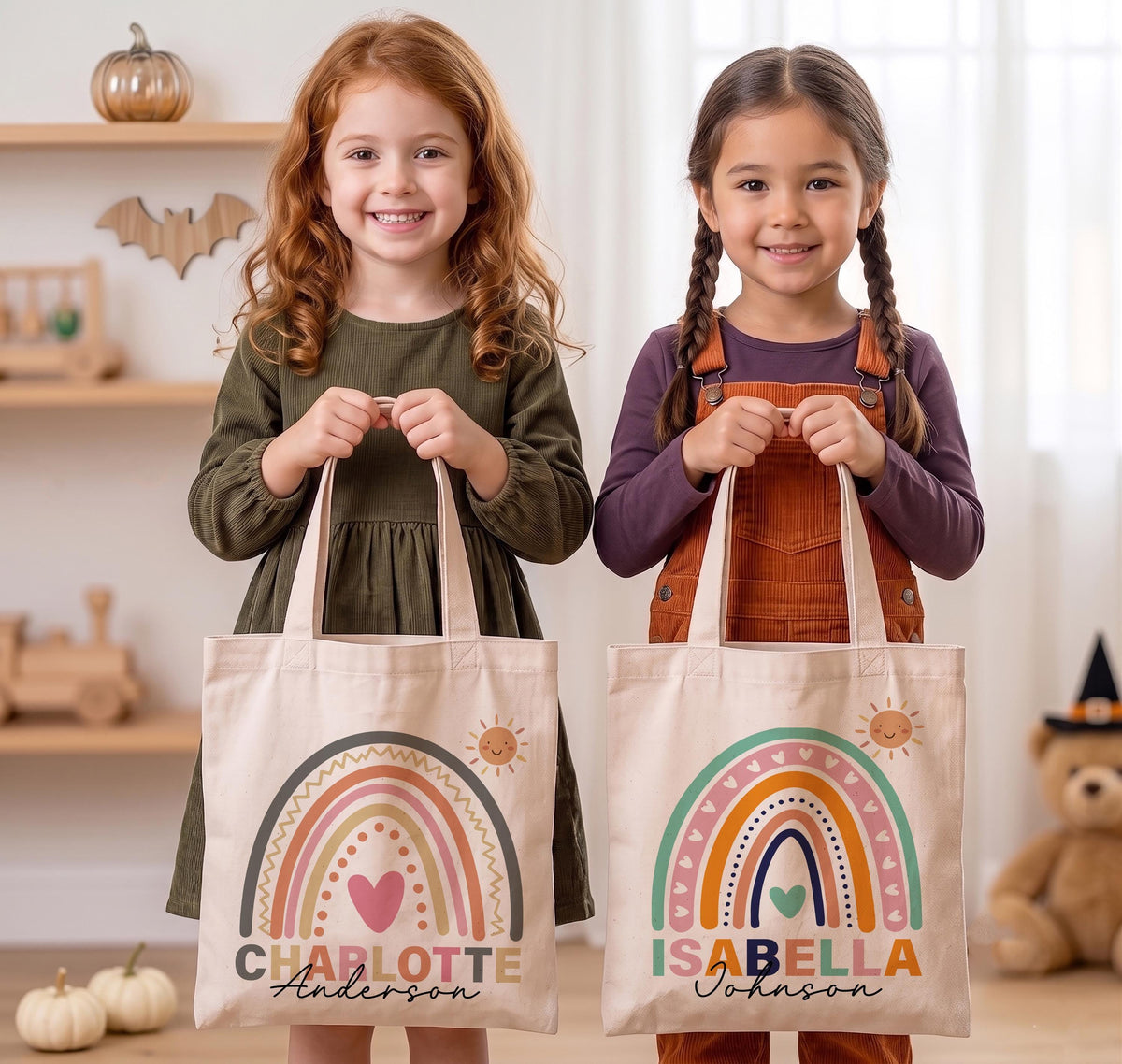 Personalized Kids Boho Rainbow Canvas Tote Bag, Custom Name Cute Sun Heart Bag