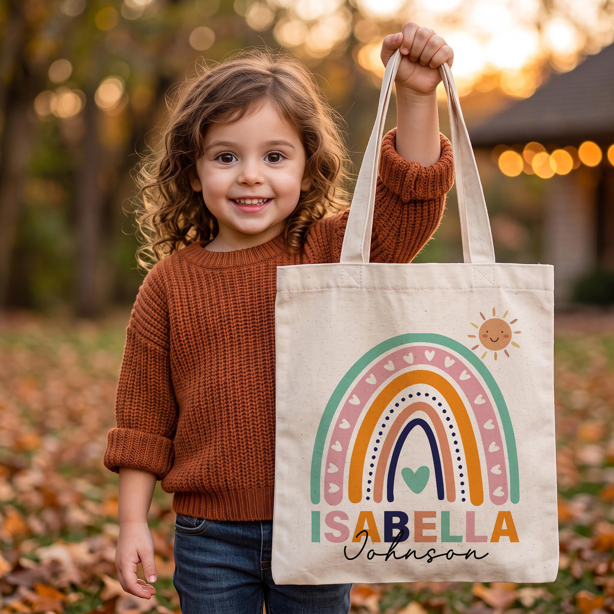 Personalized Kids Boho Rainbow Canvas Tote Bag, Custom Name Cute Sun Heart Bag