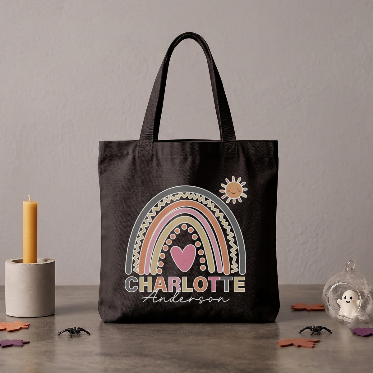 Personalized Kids Boho Rainbow Canvas Tote Bag, Custom Name Cute Sun Heart Bag