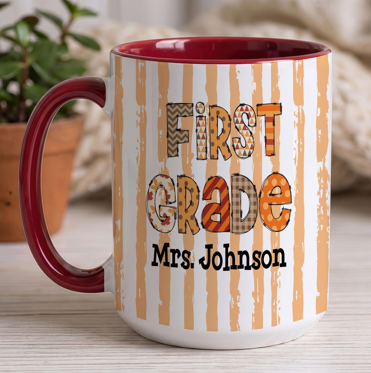 Personalized Striped Teacher Mug, Pre-K Grade Back To School Gift, Ceramic Tea Cup