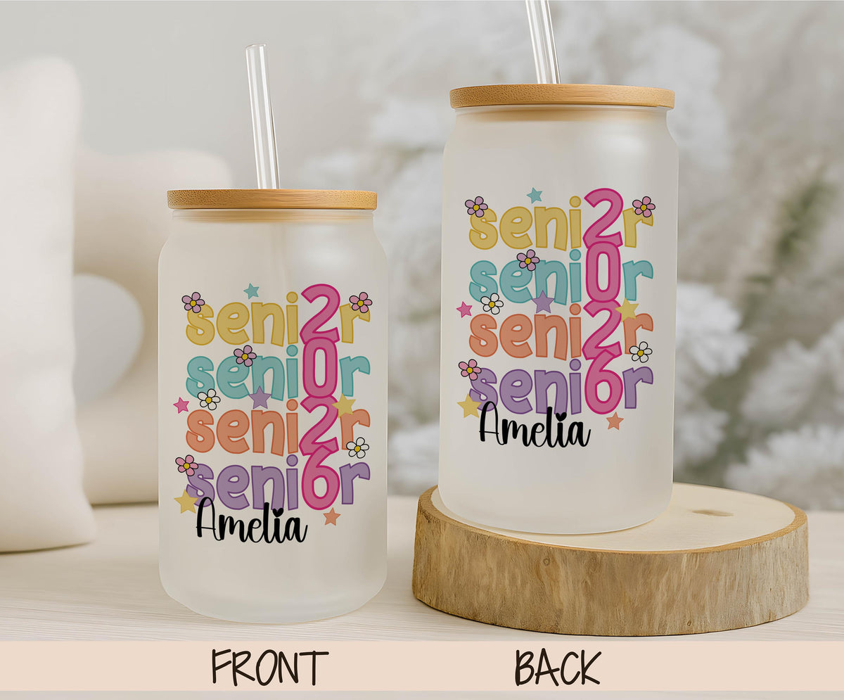 Personalized Senior 2026 Can Glass Tumbler, Custom Name Iced Coffee Cup (Frosted Glass)