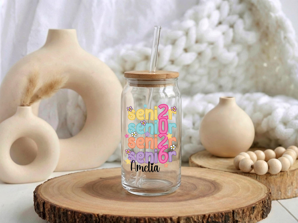Personalized Senior 2026 Can Glass Tumbler, Custom Name Iced Coffee Cup (Frosted Glass)
