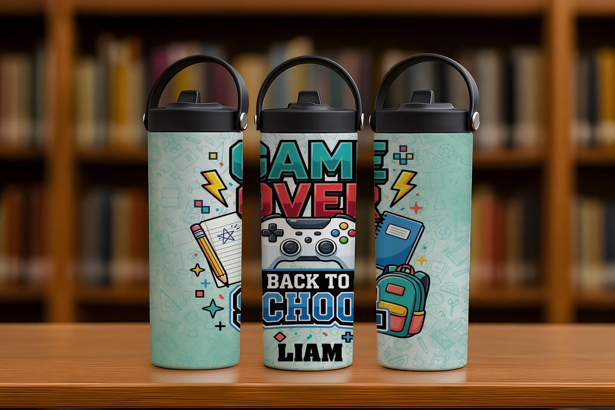 Custom Name Game Over Back to School Steel Water Bottle, Gamer Boys Insulated Lunch Box Tumbler