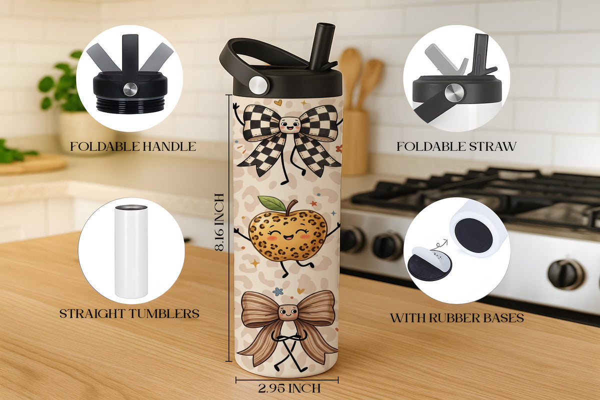 Cute Leopard Pattern Bow Design Tumbler with Foldable Straw