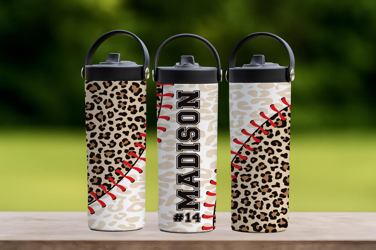 Personalized Leopard Baseball Theme Water Bottle