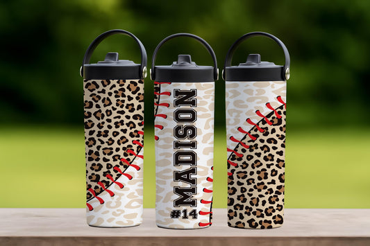 Personalized Leopard Baseball Theme Water Bottle