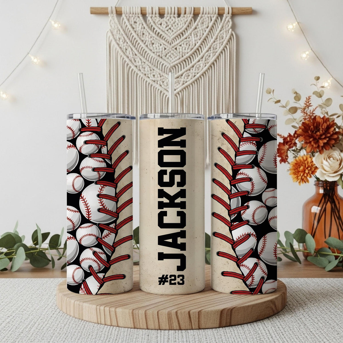 Custom Name Baseball Tumbler with Straw