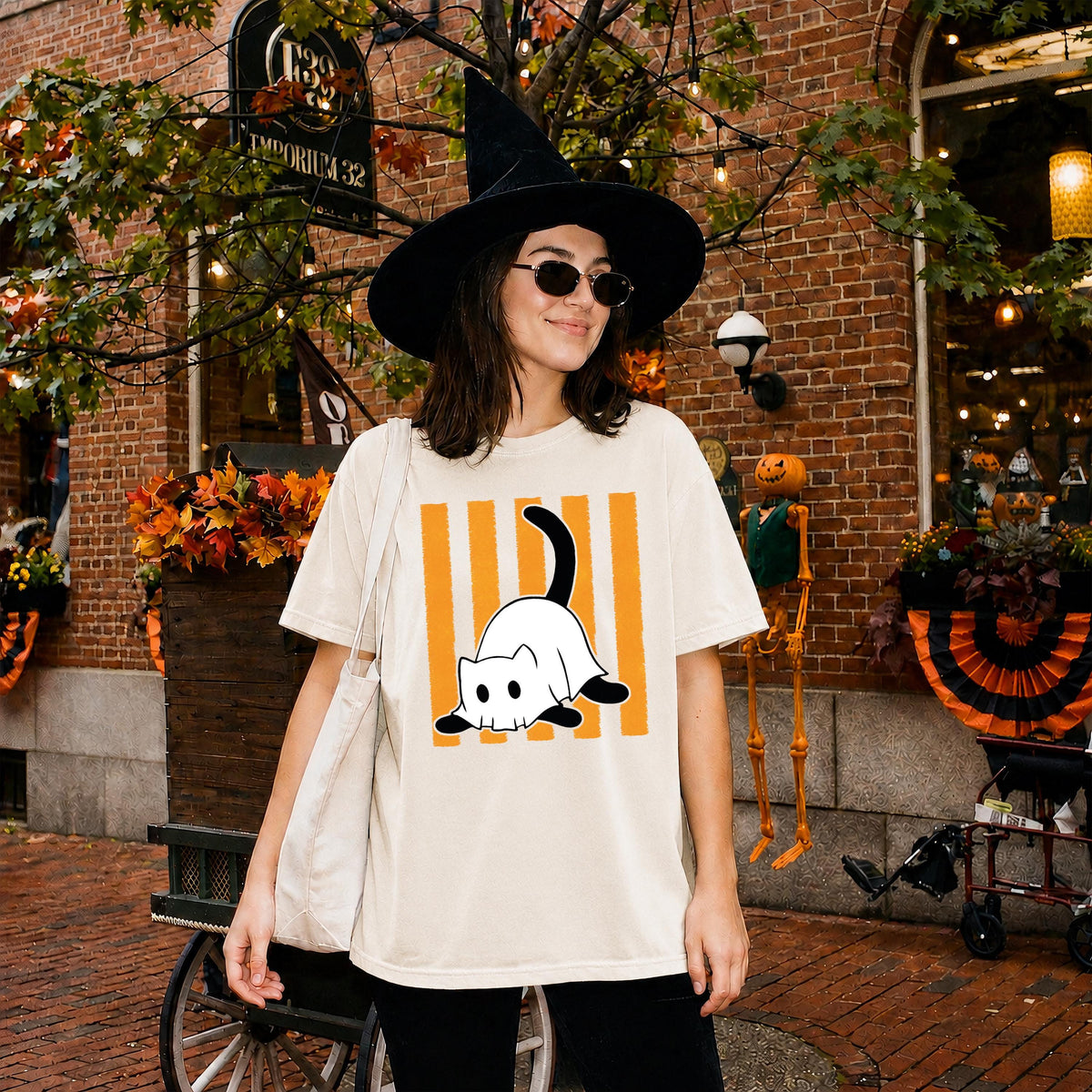Spooky Cat Comfort Colors® Shirt, Striped Ghost T-Shirt, Halloween Gift Tee