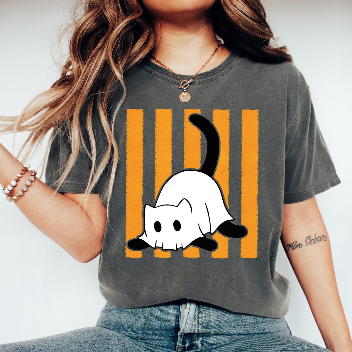 Spooky Cat Comfort Colors® Shirt, Striped Ghost T-Shirt, Halloween Gift Tee