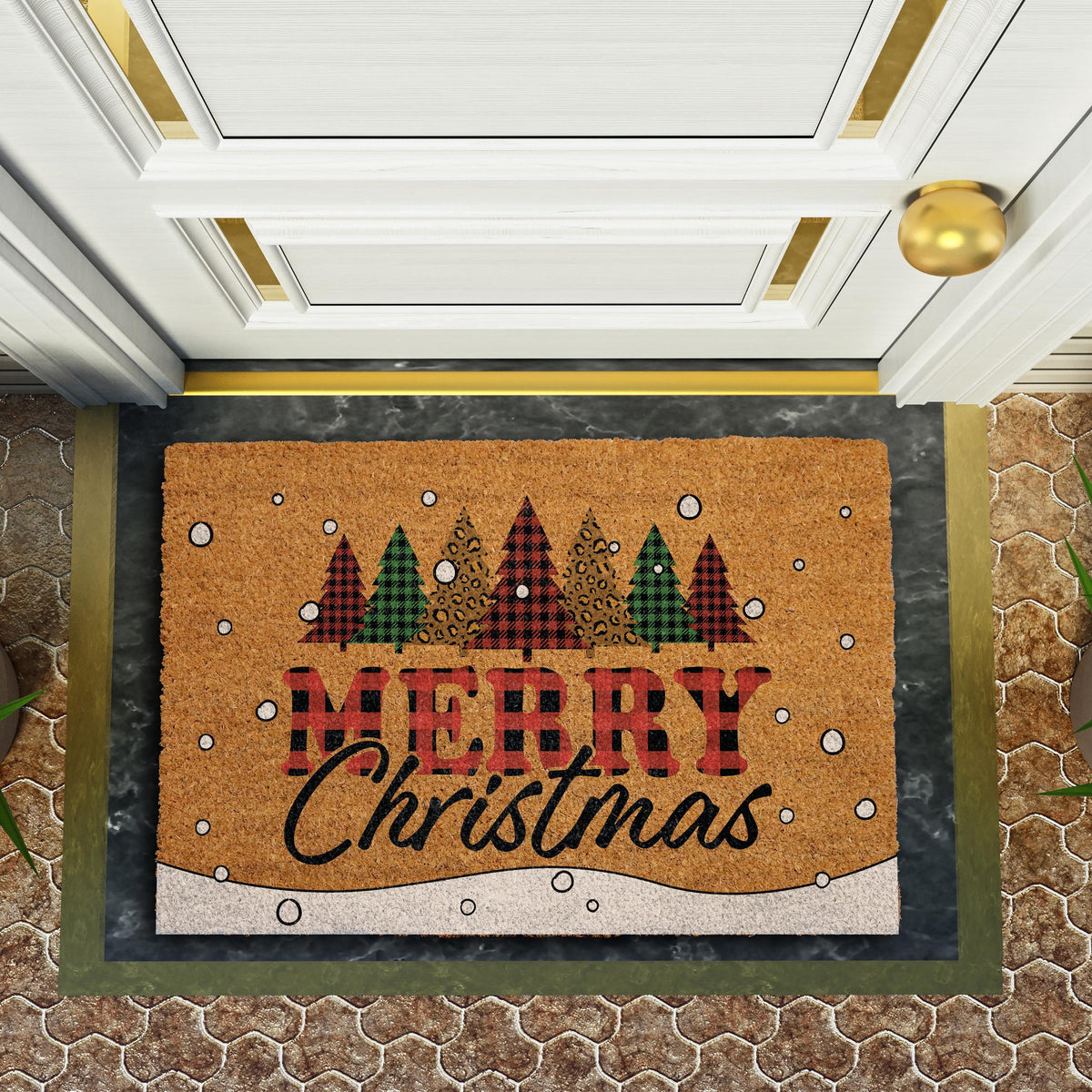 Buffalo Plaid Christmas Trees Doormat, Cute Merry Christmas Welcome Mat