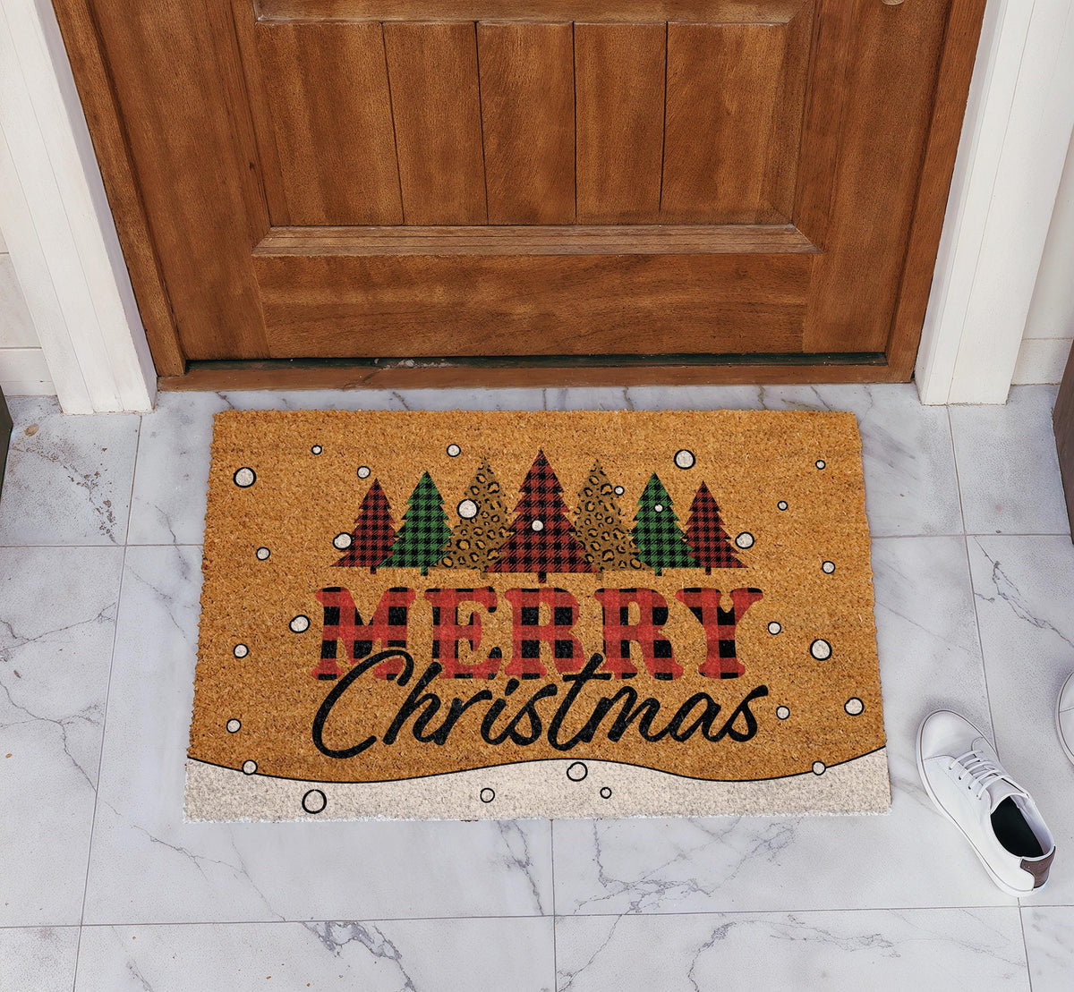 Buffalo Plaid Christmas Trees Doormat, Cute Merry Christmas Welcome Mat