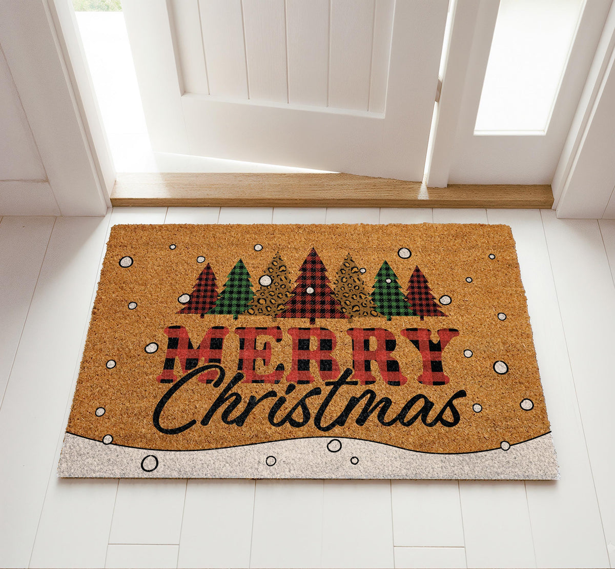 Buffalo Plaid Christmas Trees Doormat, Cute Merry Christmas Welcome Mat
