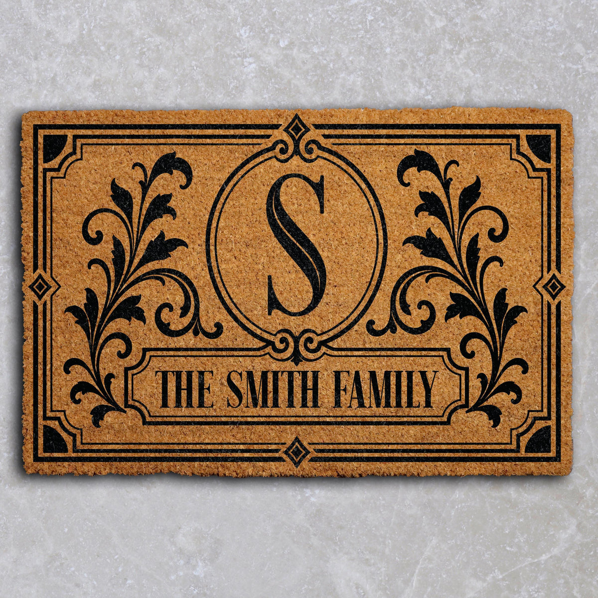 Custom Last Name Monogram Doormat, Personalized Aesthetic Initial & Damask Design Welcome Mat