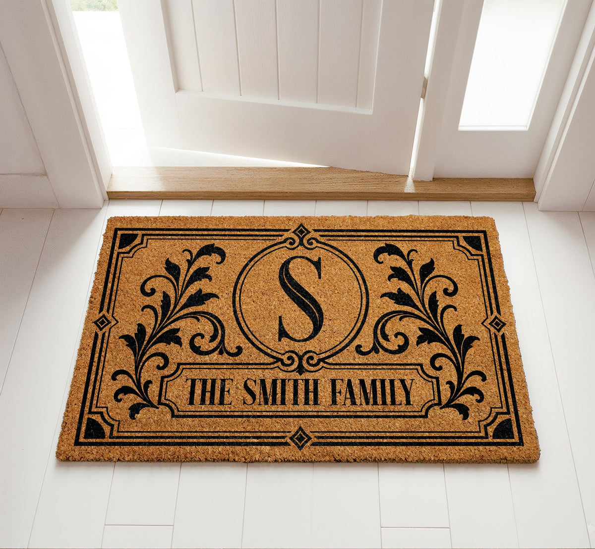 Custom Last Name Monogram Doormat, Personalized Aesthetic Initial & Damask Design Welcome Mat