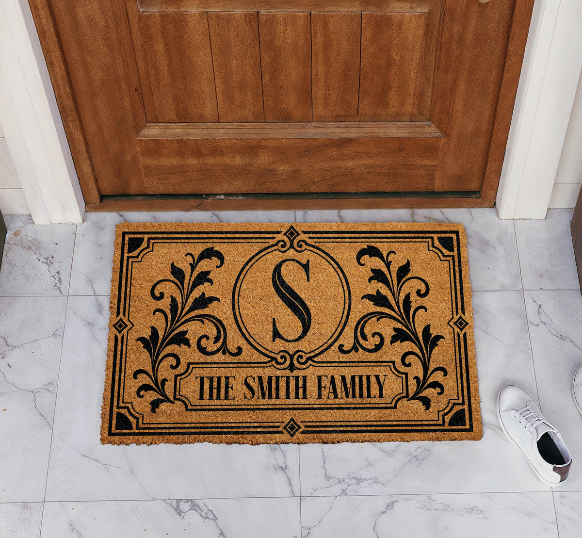 Custom Last Name Monogram Doormat, Personalized Aesthetic Initial & Damask Design Welcome Mat