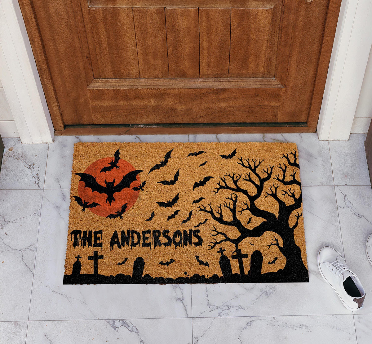 Personalized Spooky Graveyard Halloween Welcome Mat, Custom Family Name Blood Moon Doormat