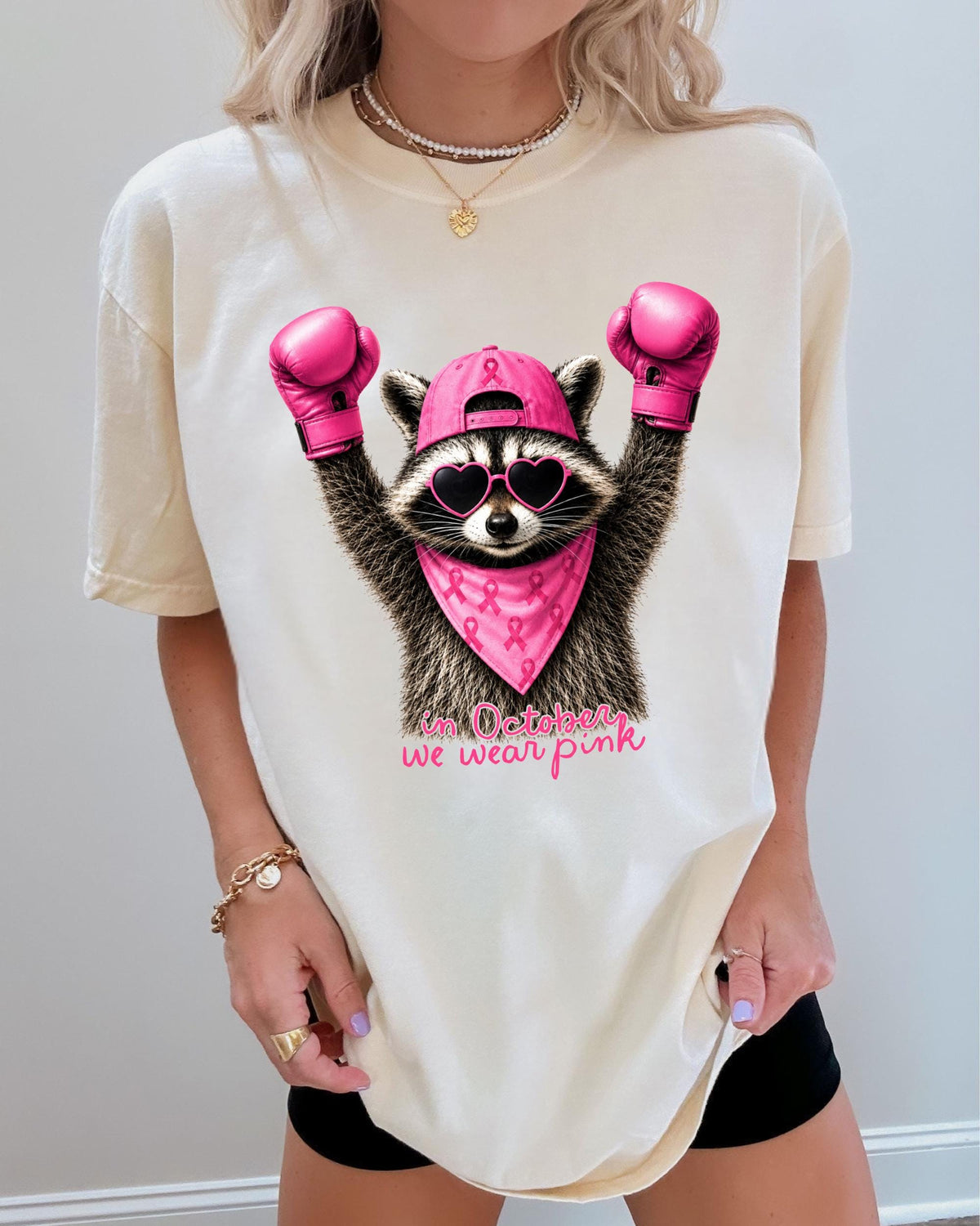 In October We Wear Pink Comfort Colors® Shirt, Raccoon Breast Cancer Awareness T-Shirt, Cancer Warrior Tee