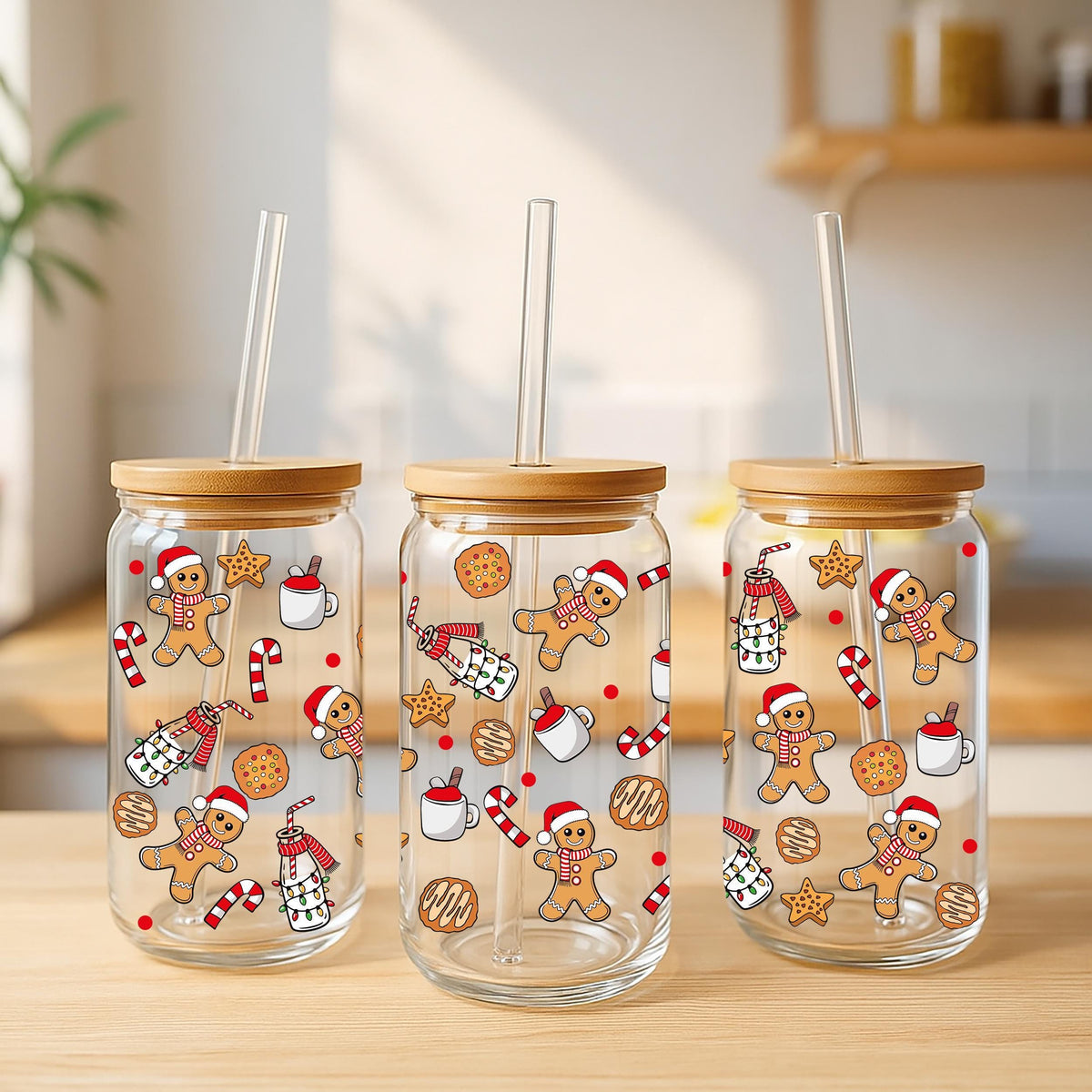 Gingerbread Man Pattern Can Glass Tumbler, Cute Christmas Party Cups, Xmas Holiday Hostess Gift