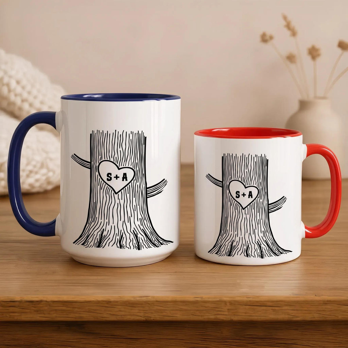 Personalised Engraved Tree Couple Mug, Custom Wedding Gift, Carved Initials In A Heart Cup