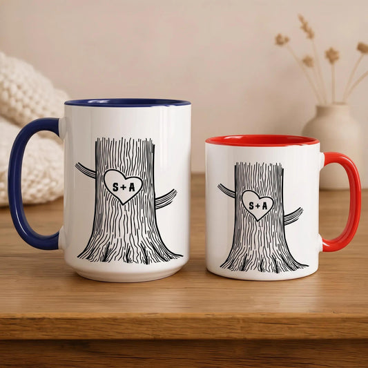 Personalised Engraved Tree Couple Mug, Custom Wedding Gift, Carved Initials In A Heart Cup