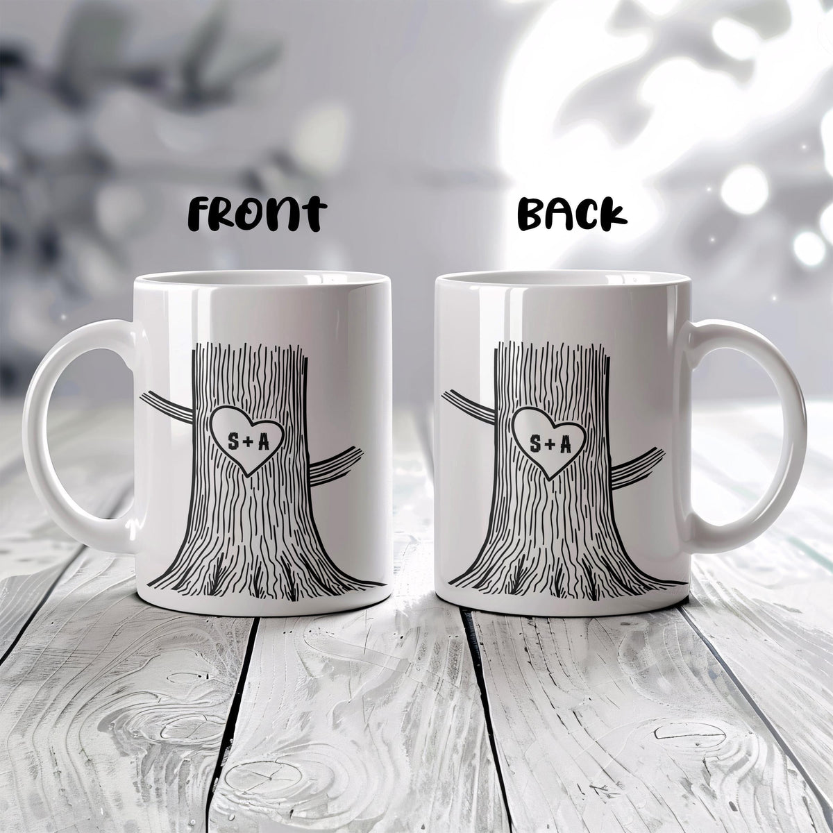 Personalised Engraved Tree Couple Mug, Custom Wedding Gift, Carved Initials In A Heart Cup