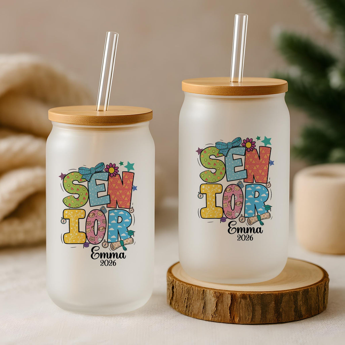 Custom Name Colorful Senior Can Glass Tumbler, Personalized High School Graduation Keepsake