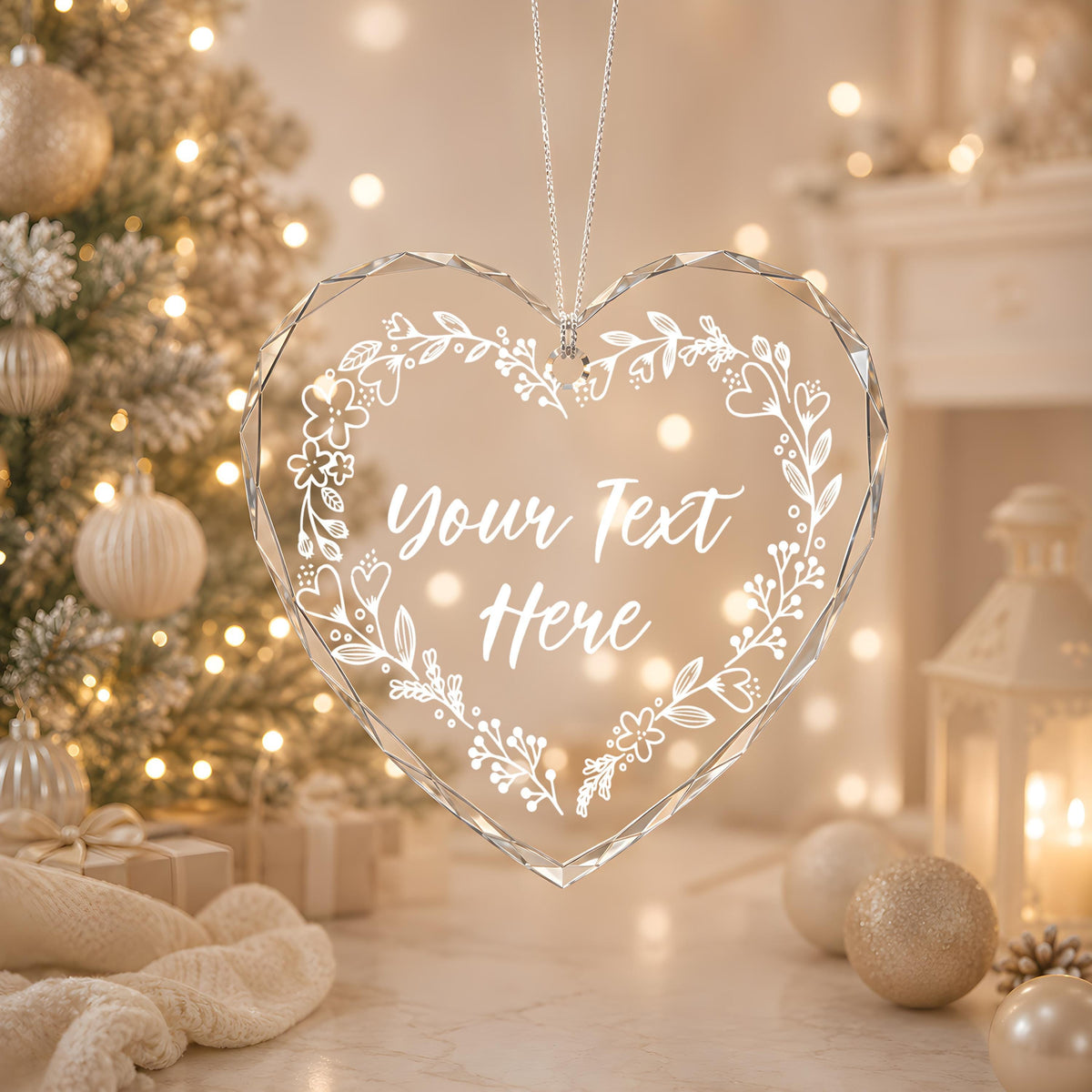 Custom Text Floral Wreath Engraved Heart Ornament, Personalized Message Crystal Glass Keepsake