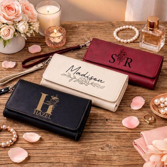 Personalized Vegan Leather Wallet, Custom Floral Monogram Engraved Purse