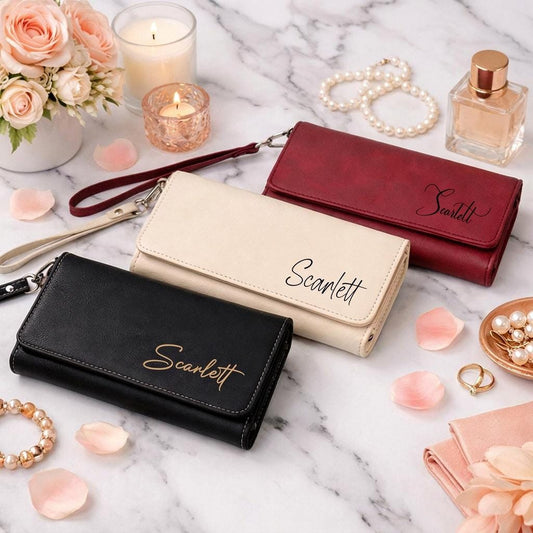 Custom Engraved Vegan Leather Women's Wallet, Personalized Cursive Name Clutch