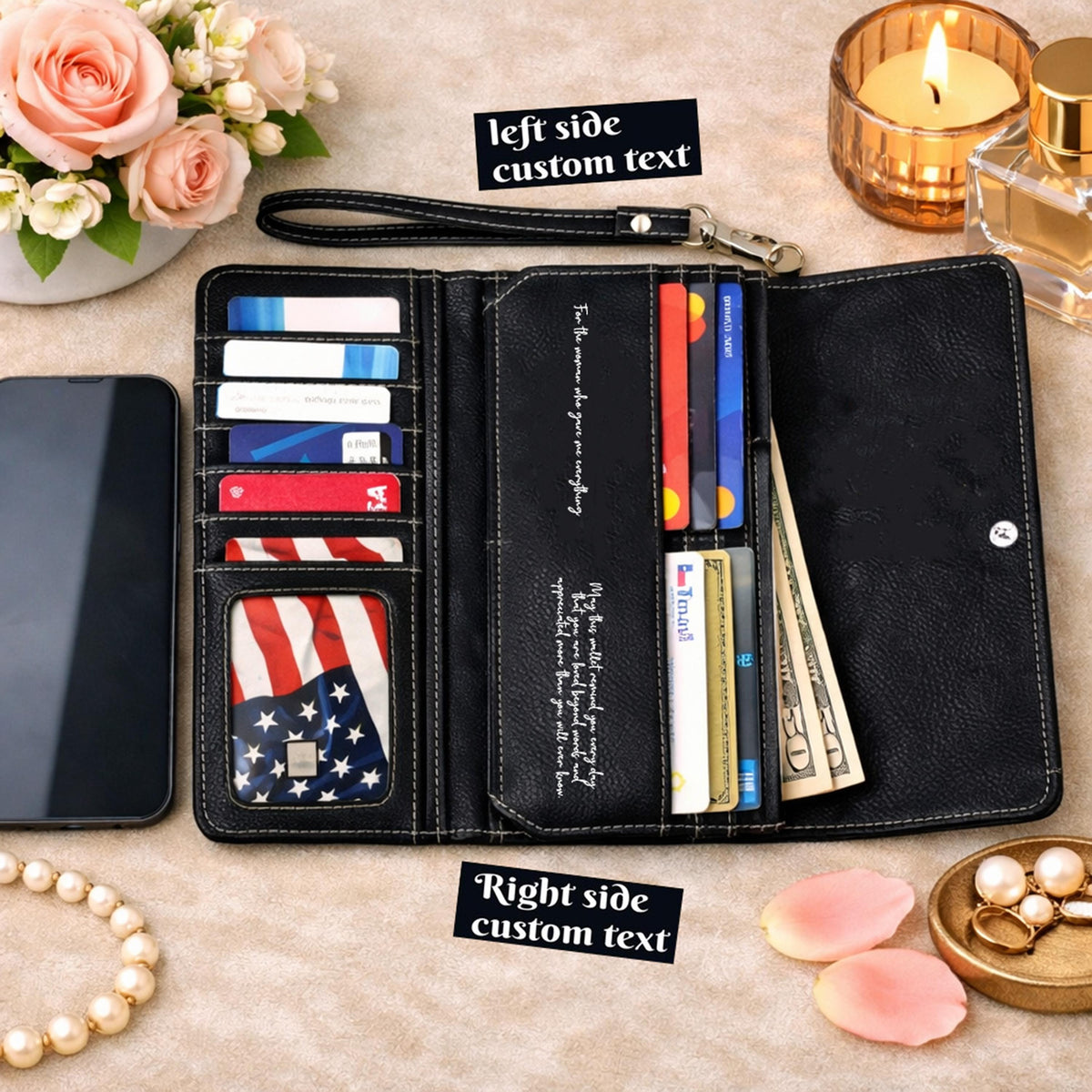 Personalized Vegan Leather Wallet, Line Art Botanical Engraved Clutch