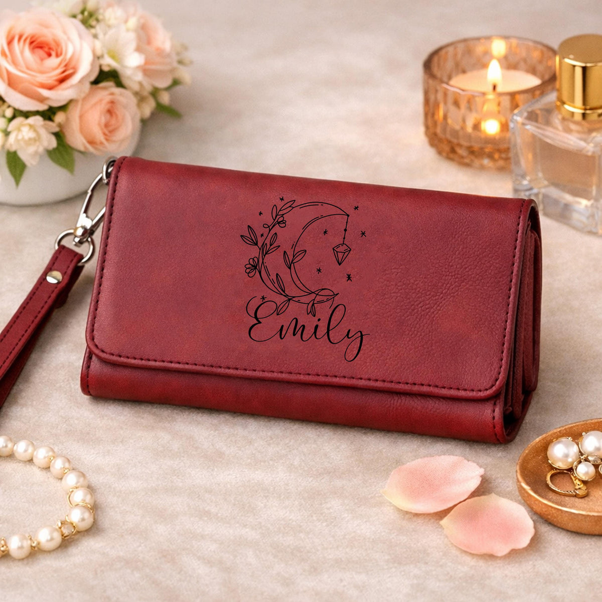 Personalized Vegan Leather Wallet, Line Art Botanical Engraved Clutch