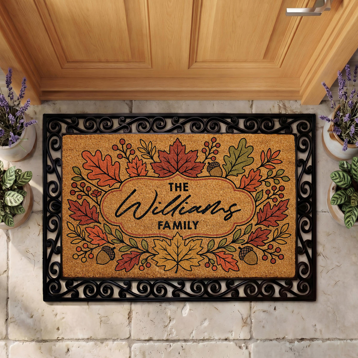 Personalized Family Name Doormat, Autumn Leaves Acorn Welcome Mat, Cozy Fall Entryway Decoration