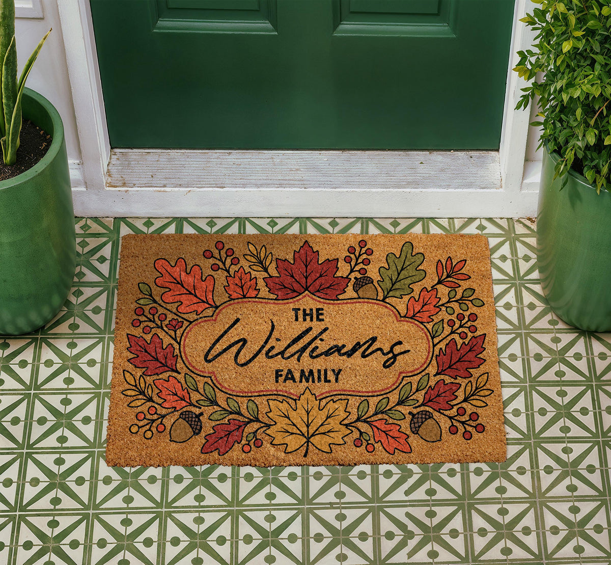 Personalized Family Name Doormat, Autumn Leaves Acorn Welcome Mat, Cozy Fall Entryway Decoration