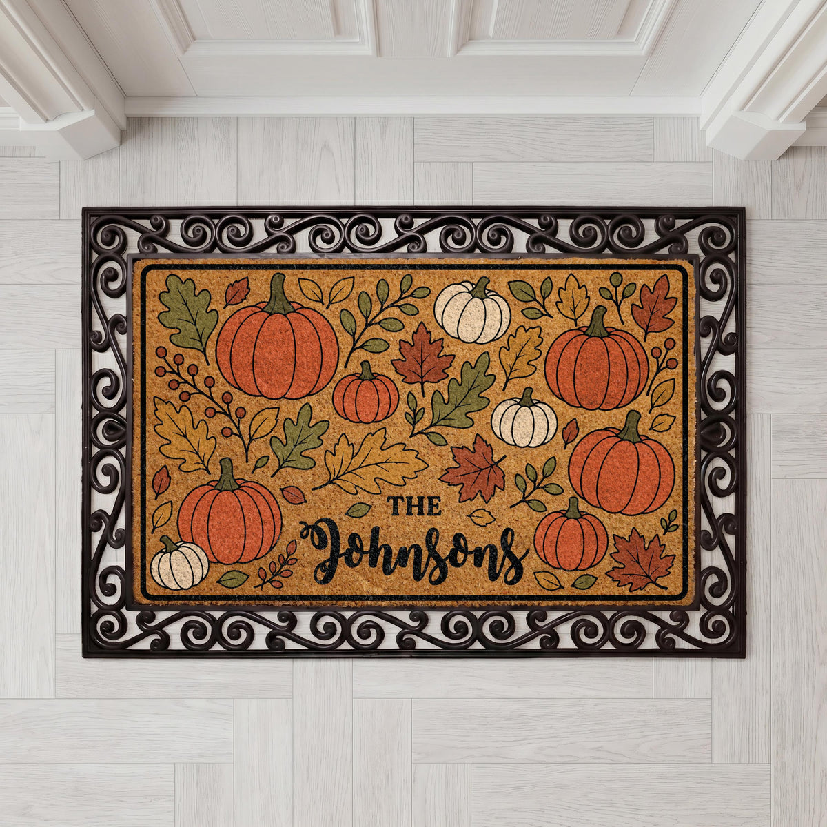 Personalized Pumpkin Doormat, Custom Family Name Fall Leaves Welcome Mat