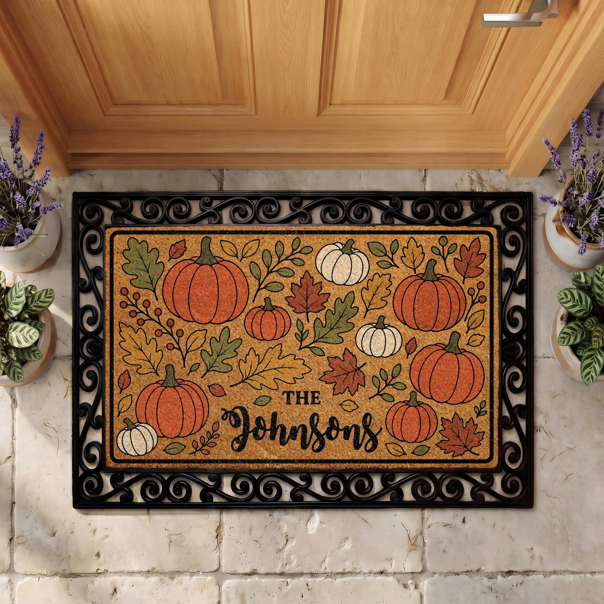 Personalized Pumpkin Doormat, Custom Family Name Fall Leaves Welcome Mat