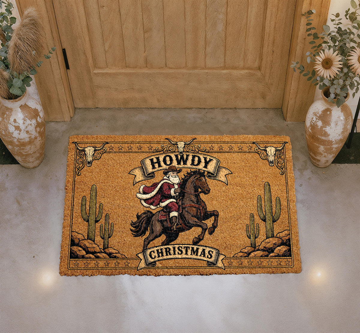 Western Cowboy Santa Christmas Doormat, Desert Holiday Porch Decor