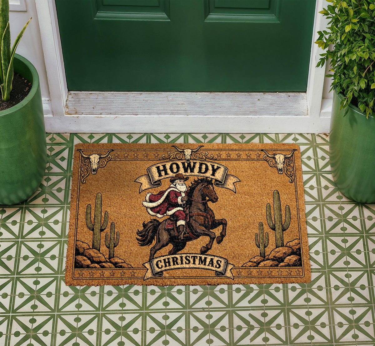 Western Cowboy Santa Christmas Doormat, Desert Holiday Porch Decor